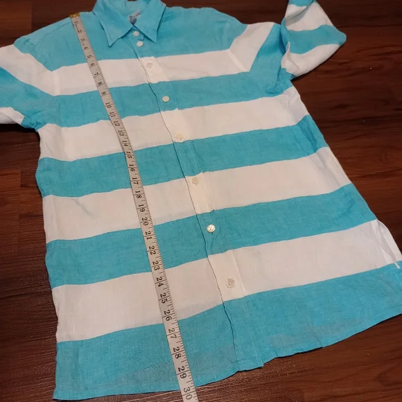 Vintage Escada Sport 100% Linen Long Sleeve Striped Button Down Top Aqua - Picture 7 of 11